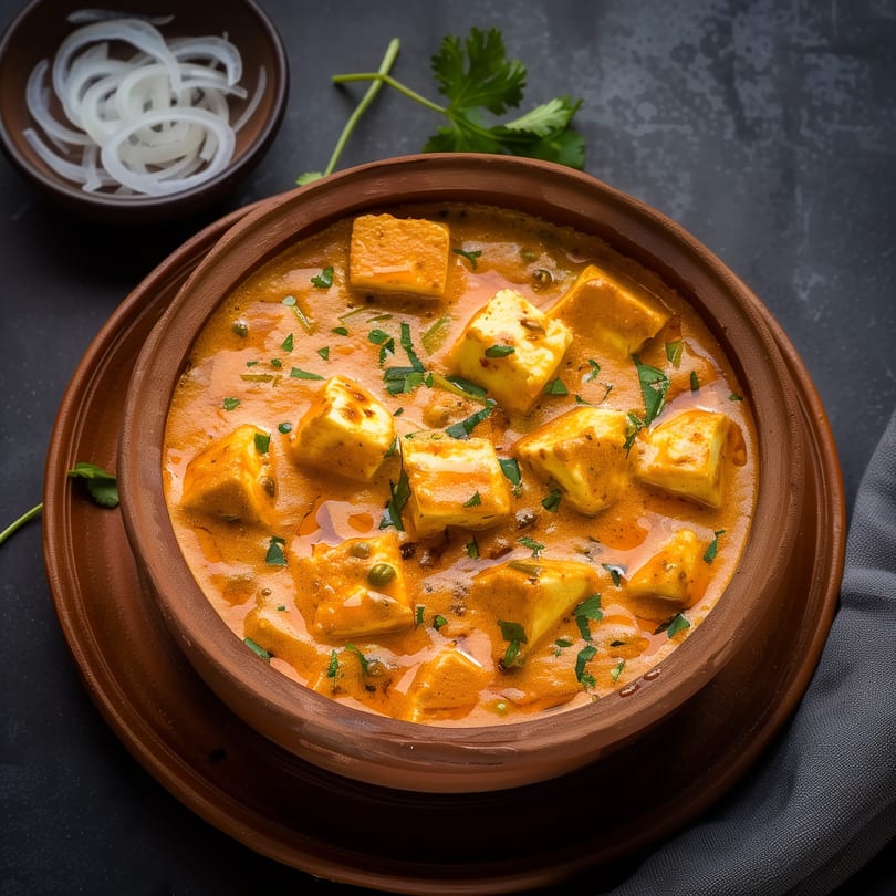 Mint Leaf Indian Cuisine's paneer butter masala, a creamy orange curry with paneer cubes and cilantro.