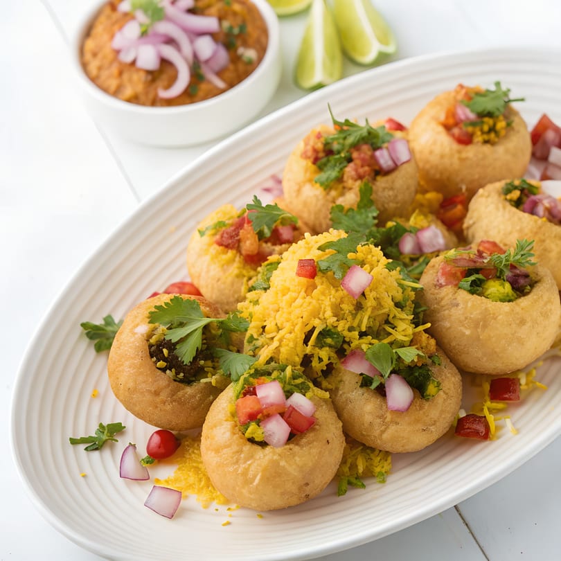 A white platter of Indian pani puri, filled with various toppings, alongside a bowl of sauce.